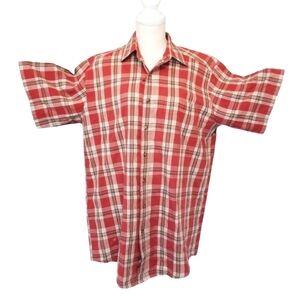 Wrangler Rugged Wear Men Orange Brown Plaid Button Down Short Sleeve Shirt
